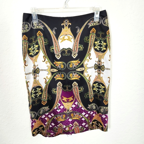Vince Camuto | Satin Printed Skirt Black Gold Purple Size 2 - Picture 1 of 6